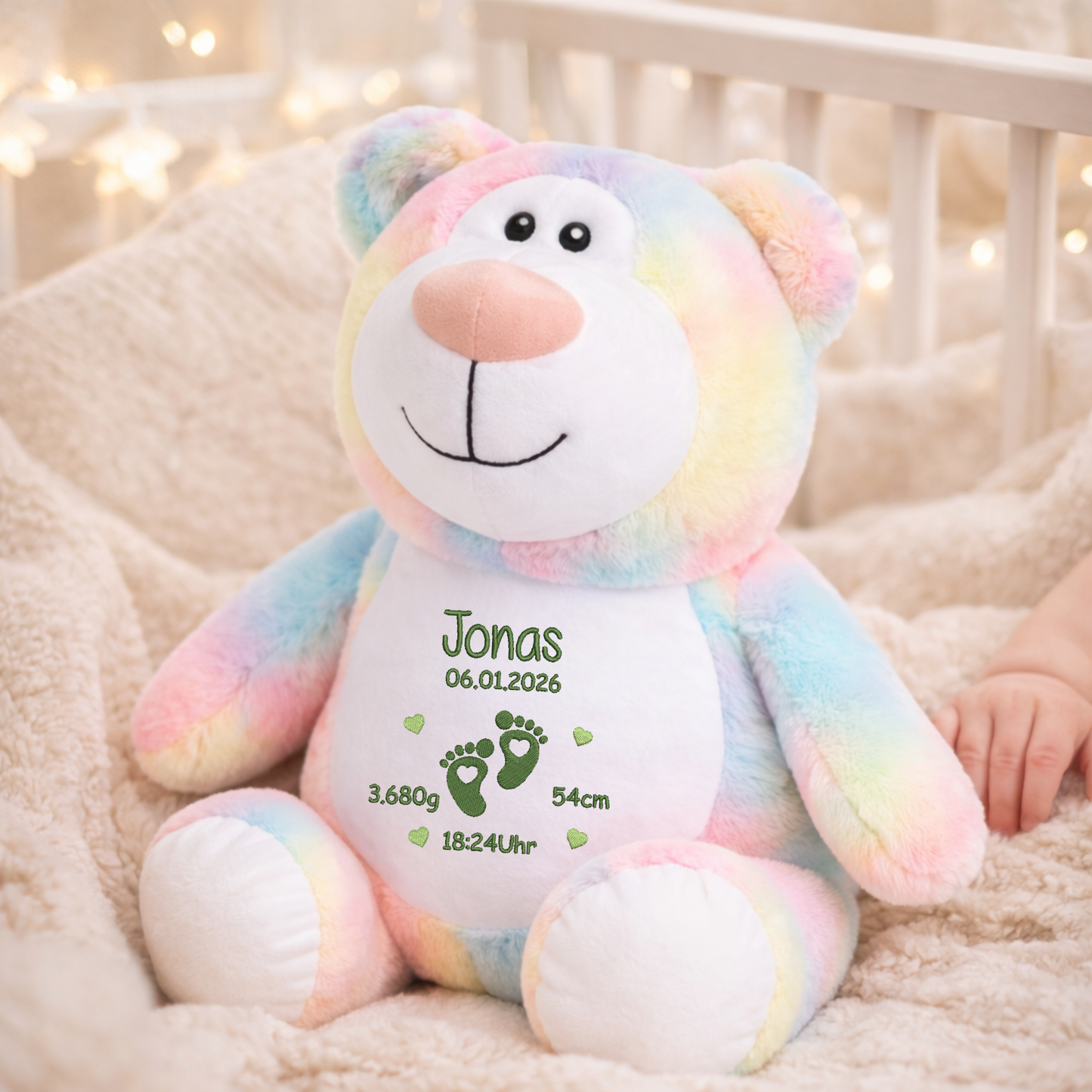 Personalisierter Pastell-Bär Faultier zur Geburt – Kuscheltier mit Namen & Geburtsdatum