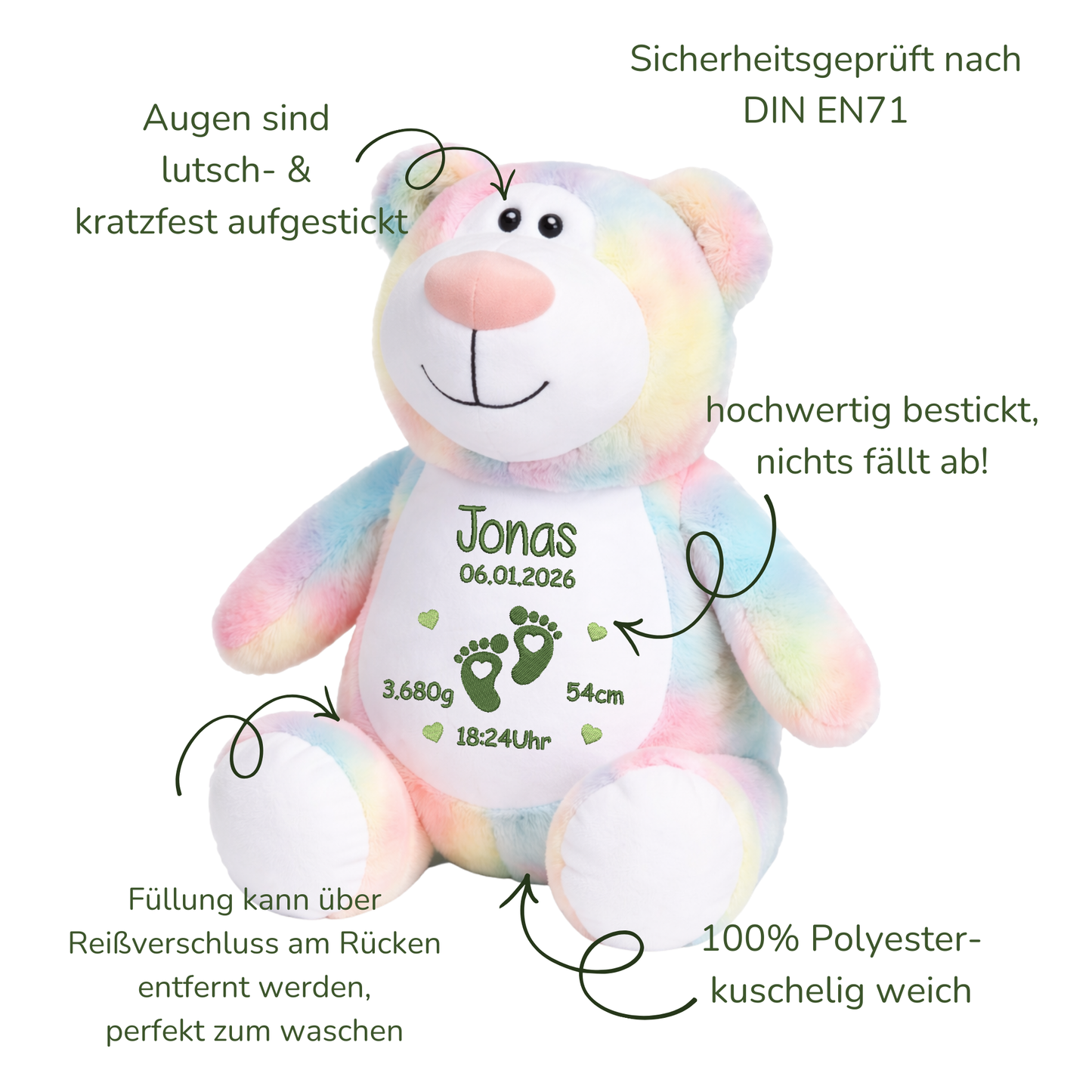 Personalisierter Pastell-Bär Faultier zur Geburt – Kuscheltier mit Namen & Geburtsdatum