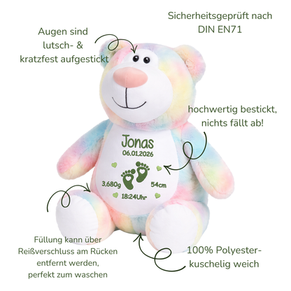 Personalisierter Pastell-Bär Faultier zur Geburt – Kuscheltier mit Namen & Geburtsdatum