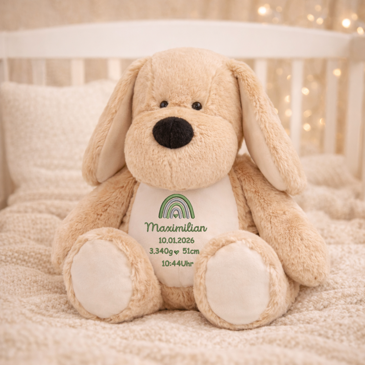 Personalisierter Hund zur Geburt – Kuscheltier mit Namen & Geburtsdatum