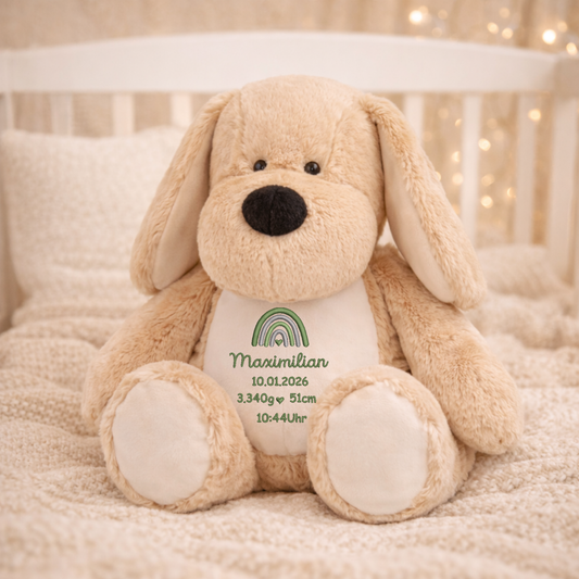 Personalisierter Hund zur Geburt – Kuscheltier mit Namen & Geburtsdatum