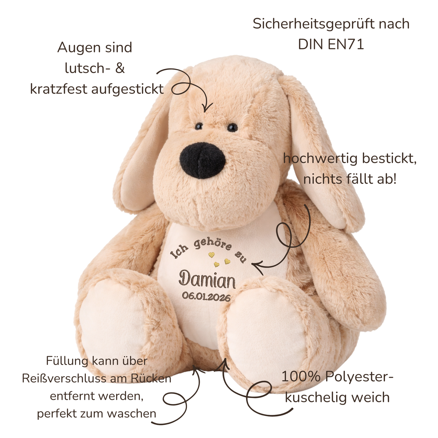 Beschützer Kuscheltier Hund – Liebevoll bestickt und personalisiert
