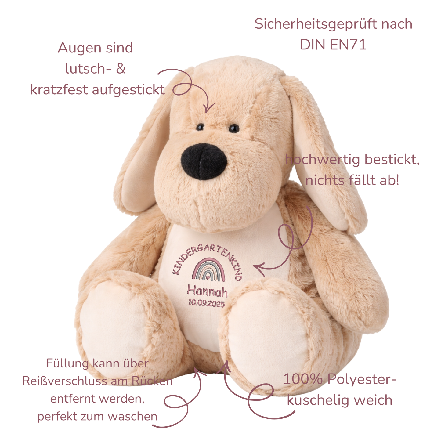Personalisiertes Kuscheltier Hund zum Kindergartenstart – mit Name bestickt