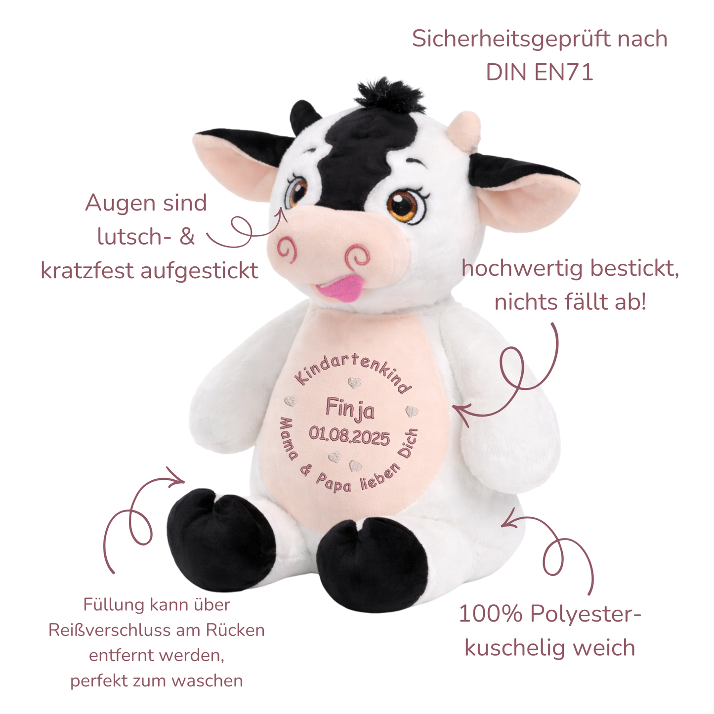 Personalisiertes Kuscheltier Kuh zum Kindergartenstart – mit Name bestickt