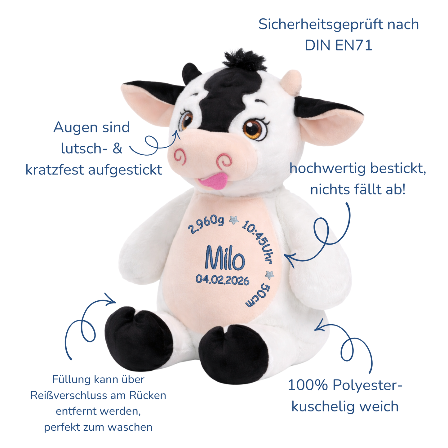 Personalisierte Kuh zur Geburt – Kuscheltier mit Namen & Geburtsdatum