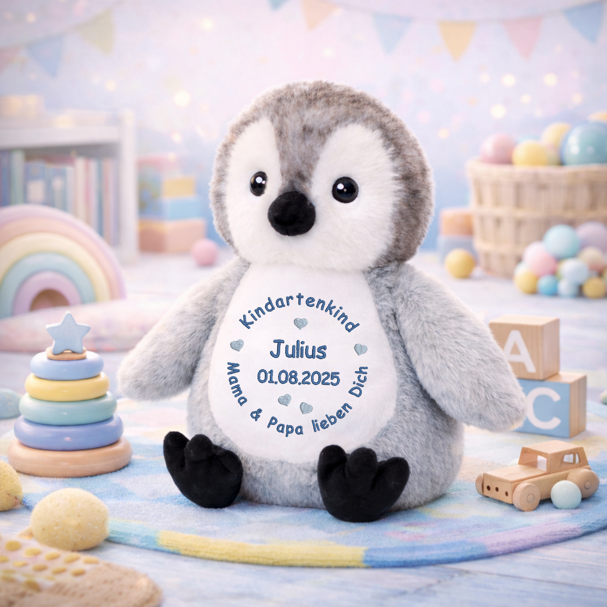Personalisiertes Kuscheltier Pinguin zum Kindergartenstart – mit Name bestickt