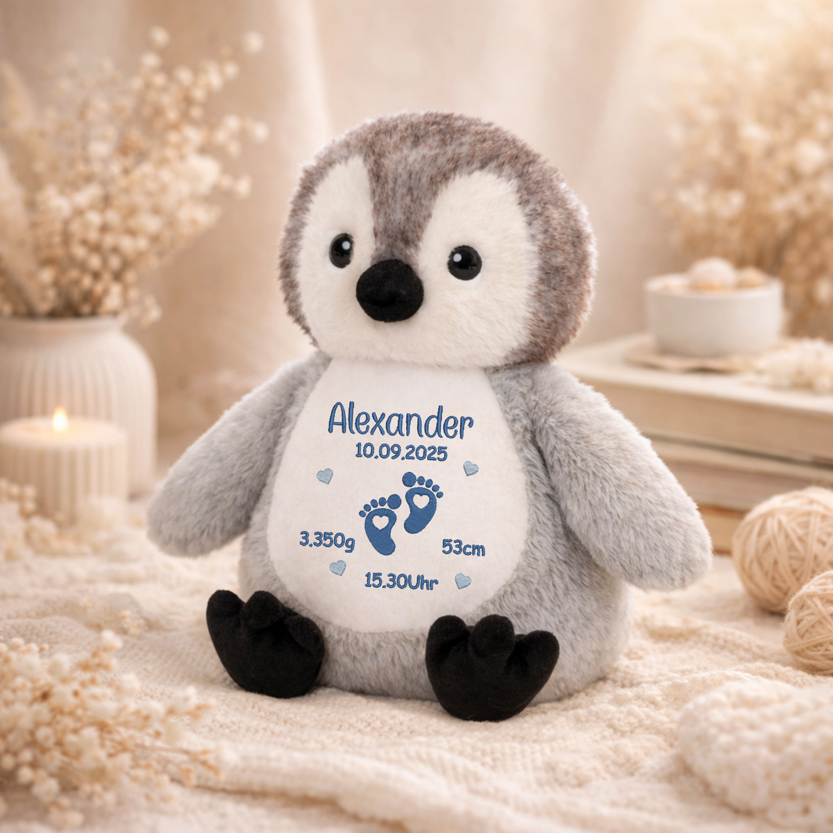 Personalisierter Pinguin zur Geburt – Kuscheltier mit Namen & Geburtsdatum