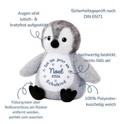 Personalisiertes Kuscheltier Pinguin zur Einschulung – mit Name bestickt | Geschenk Schulkind