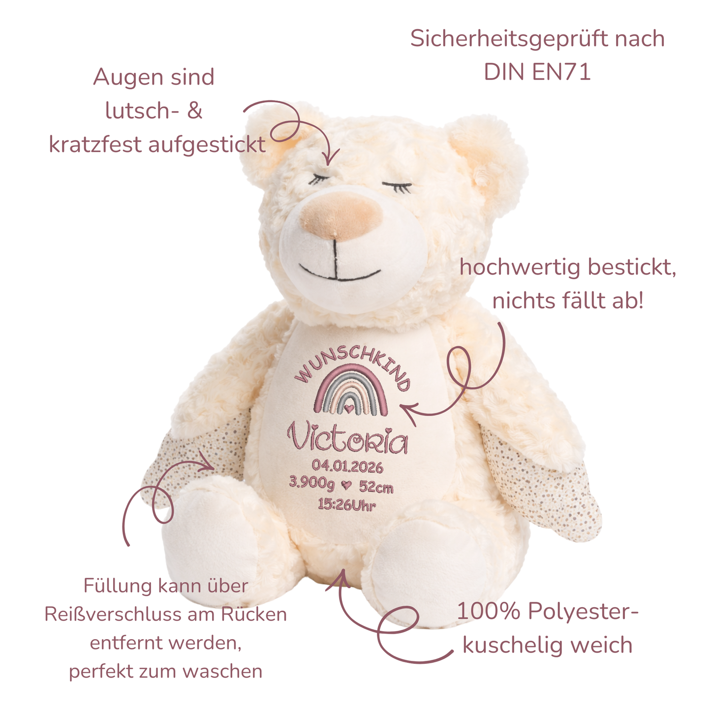 Personalisierter Schutzengel-Bär zur Geburt – Kuscheltier mit Namen & Geburtsdatum
