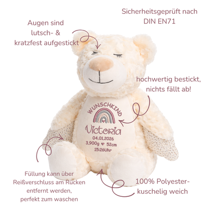 Personalisierter Schutzengel-Bär zur Geburt – Kuscheltier mit Namen & Geburtsdatum