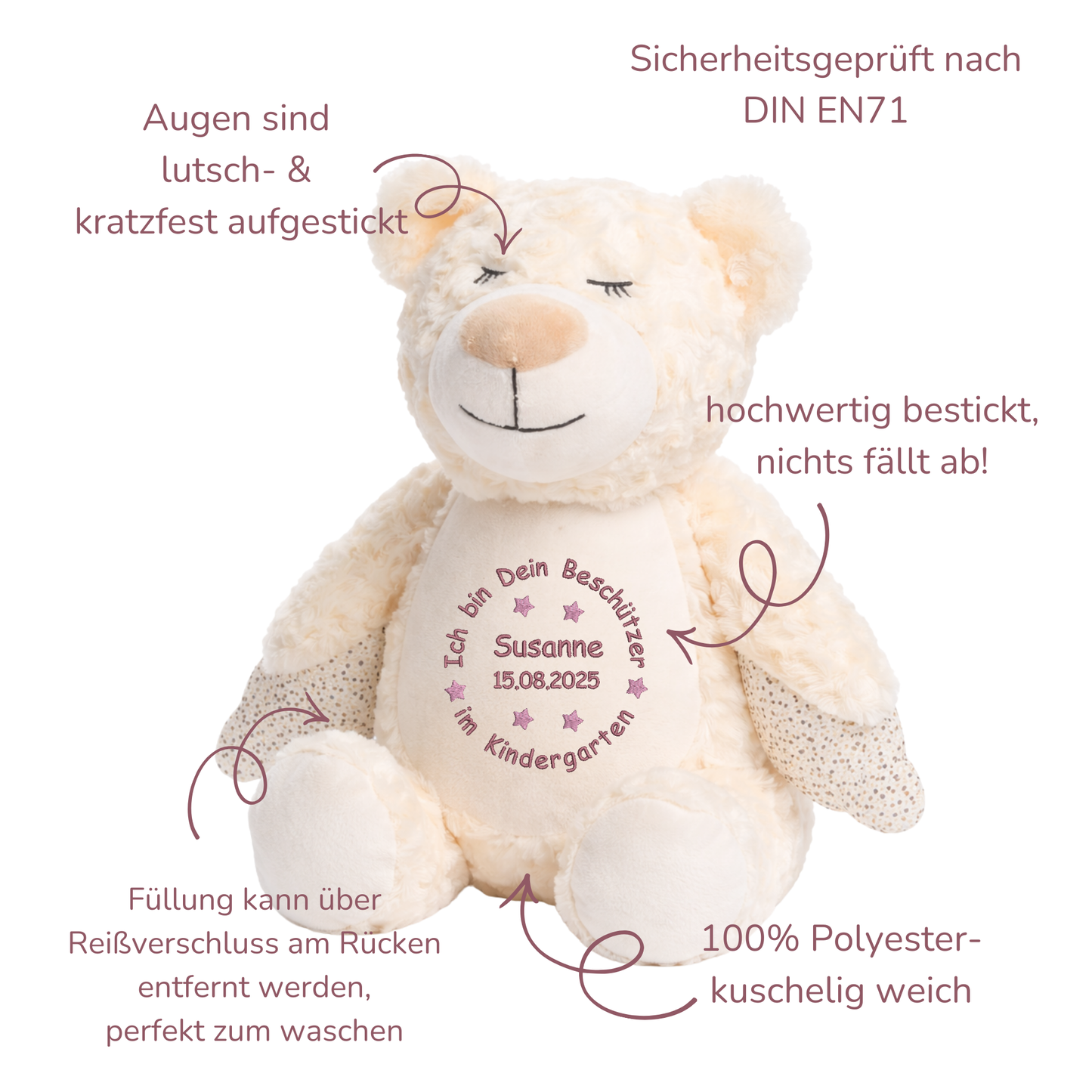 Personalisiertes Kuscheltier Schutzengel-Bär zum Kindergartenstart – mit Name bestickt