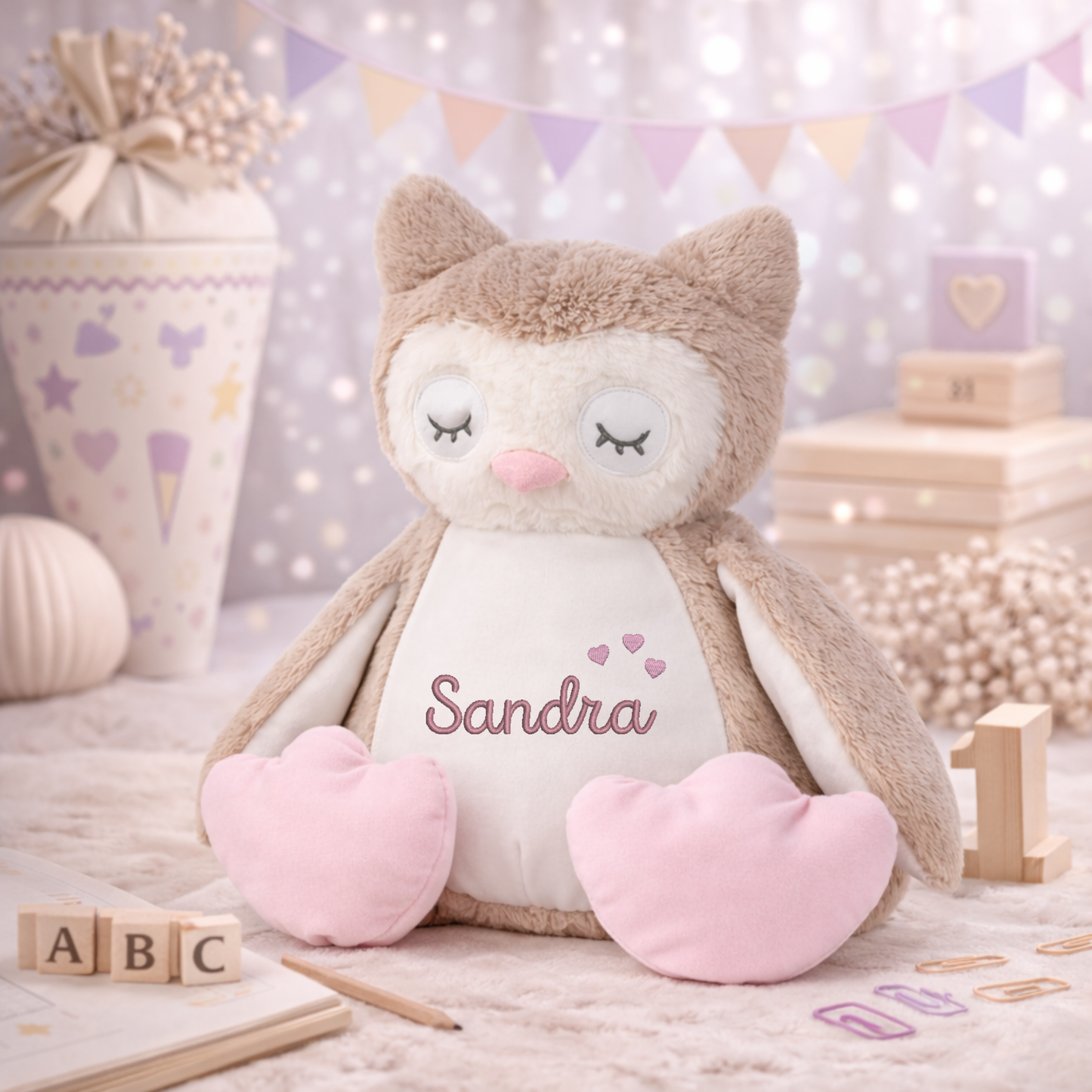 Eule mit Namen bestickt – Kuscheltier mit Name