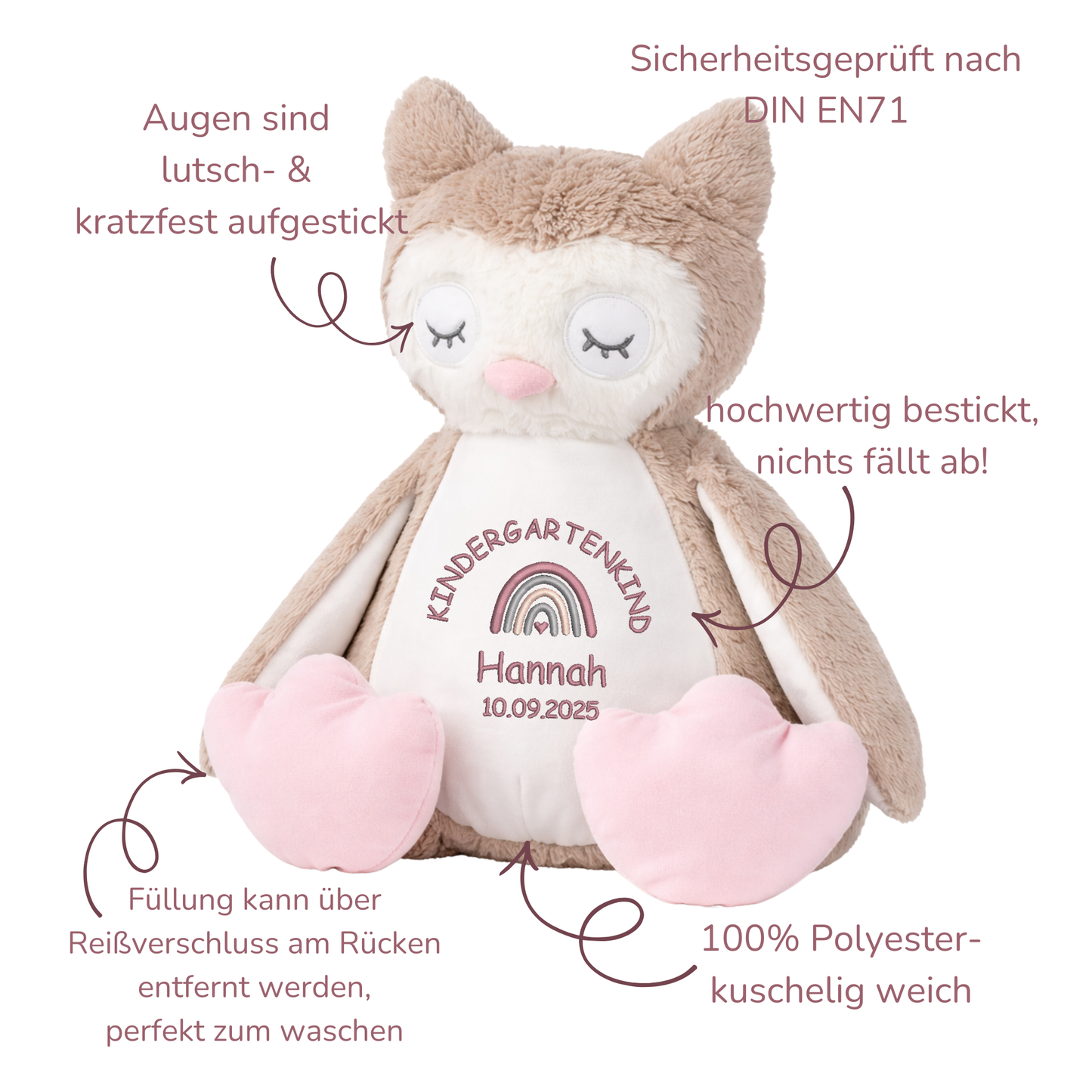 Personalisiertes Kuscheltier Eule zum Kindergartenstart – mit Name bestickt