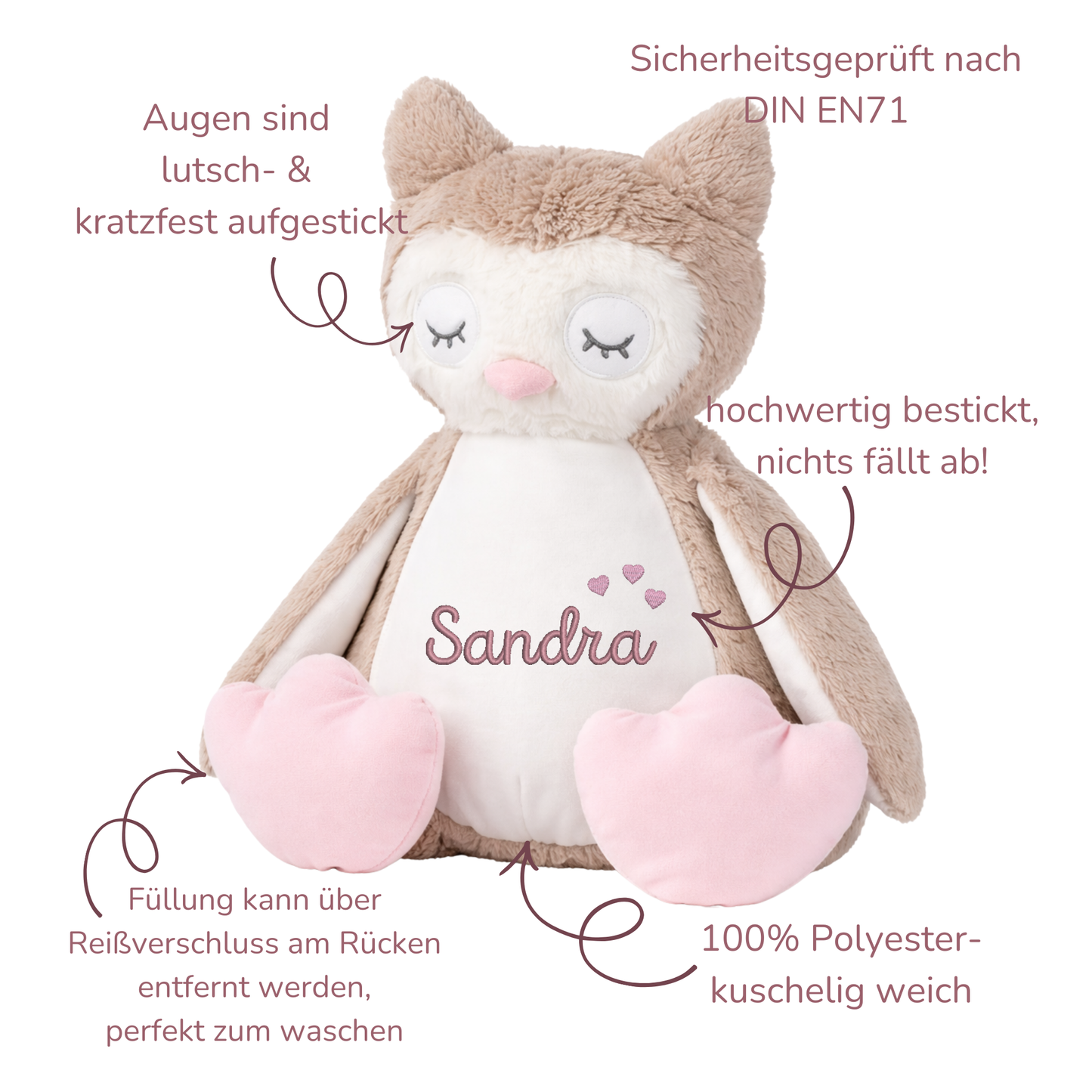 Eule mit Namen bestickt – Kuscheltier mit Name