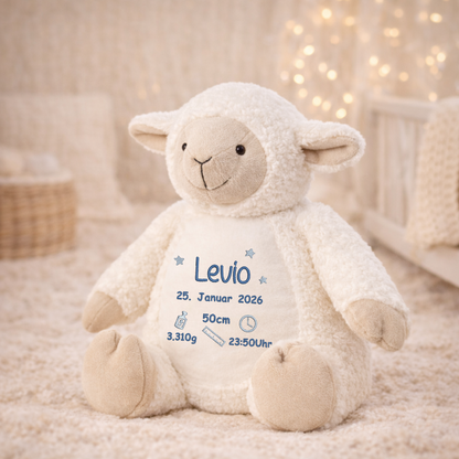 Personalisiertes Schaf zur Geburt – Kuscheltier mit Namen & Geburtsdatum
