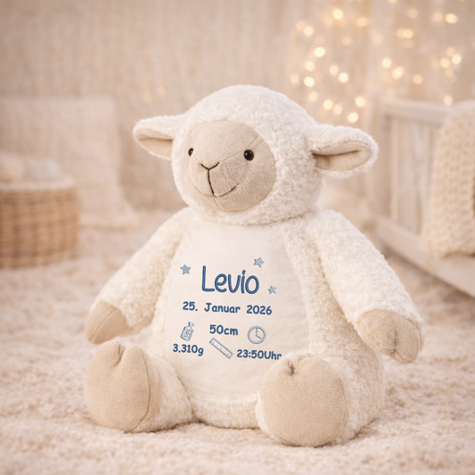 Personalisiertes Schaf zur Geburt – Kuscheltier mit Namen & Geburtsdatum