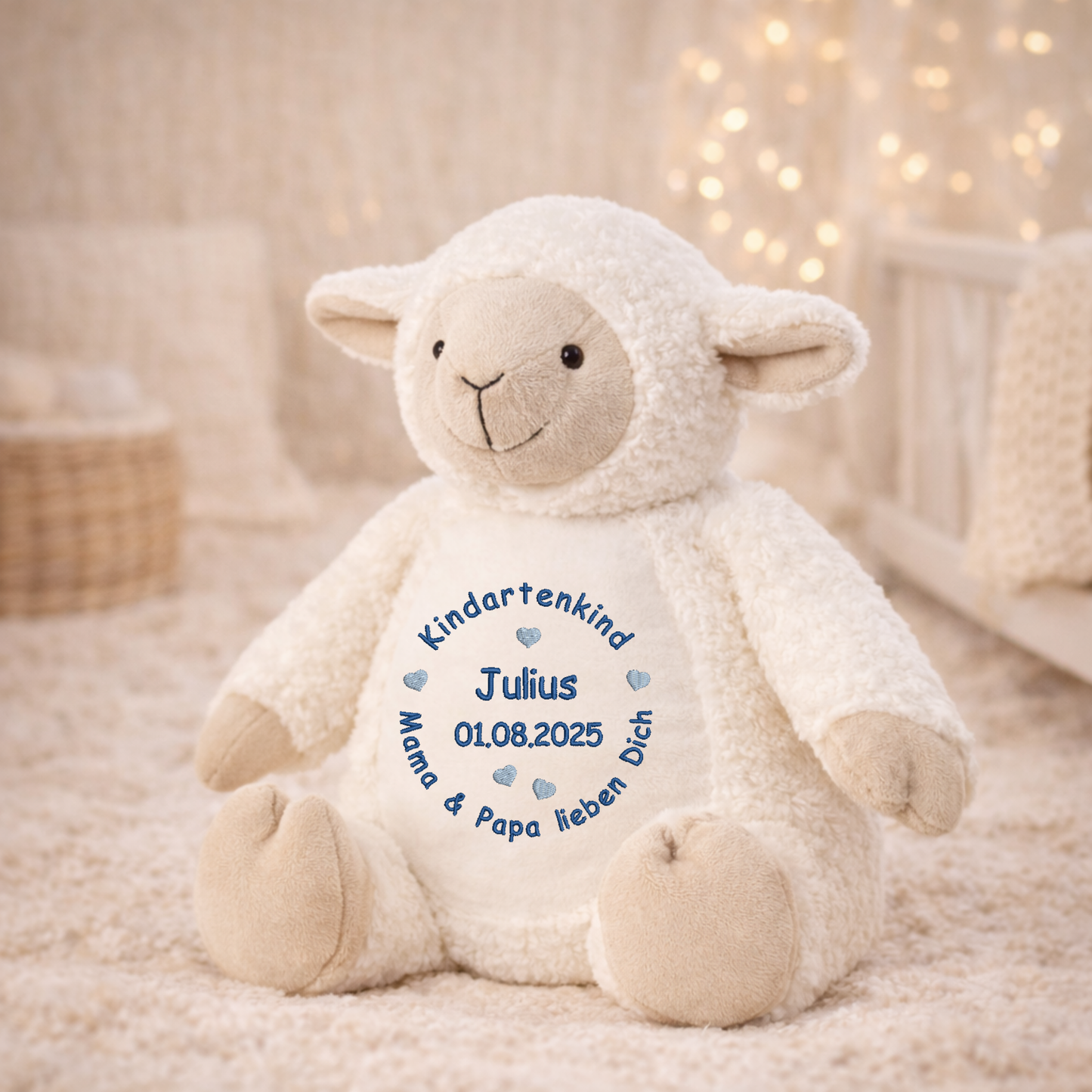 Personalisiertes Kuscheltier Schaf zum Kindergartenstart – mit Name bestickt