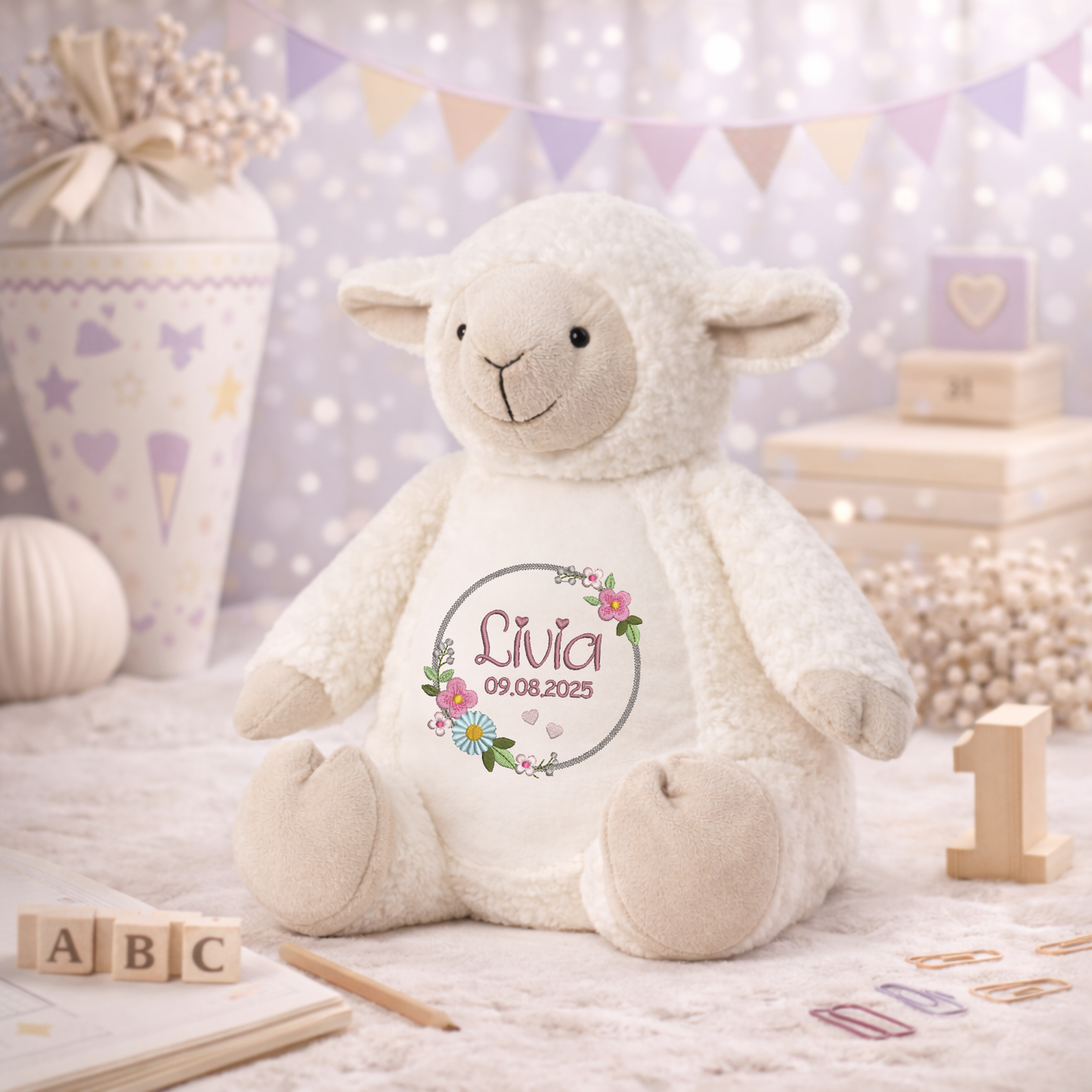 Schaf mit Namen bestickt – Kuscheltier mit Name