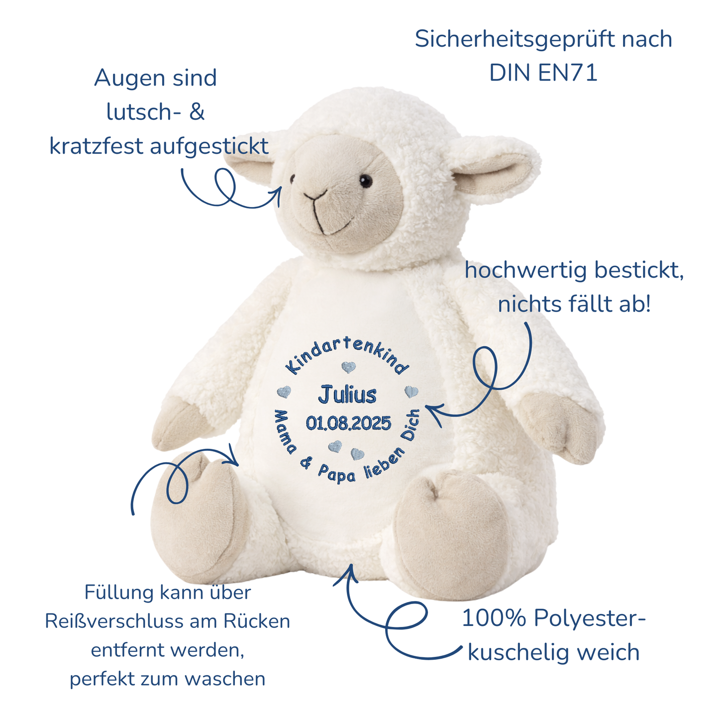Personalisiertes Kuscheltier Schaf zum Kindergartenstart – mit Name bestickt