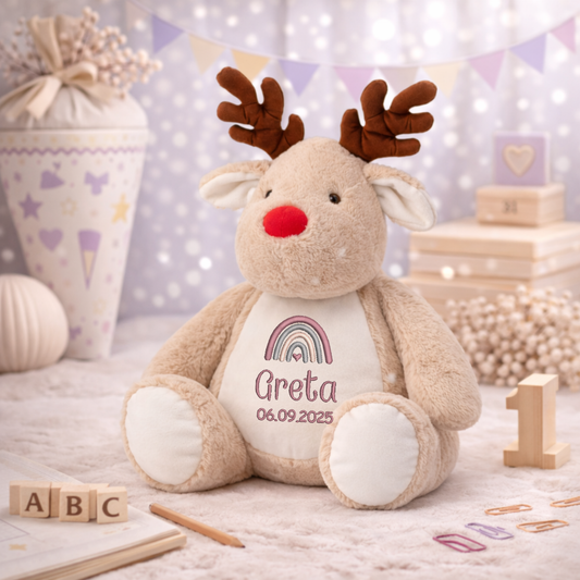 Reindeer mit Namen bestickt – Kuscheltier mit Name
