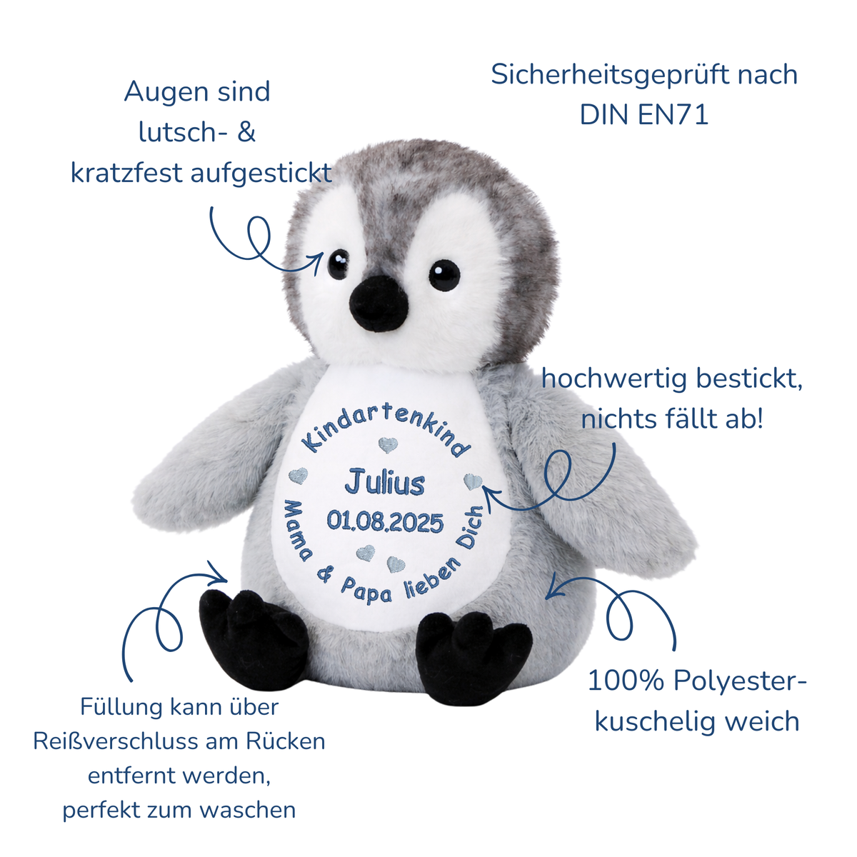 Personalisiertes Kuscheltier Pinguin zum Kindergartenstart – mit Name bestickt