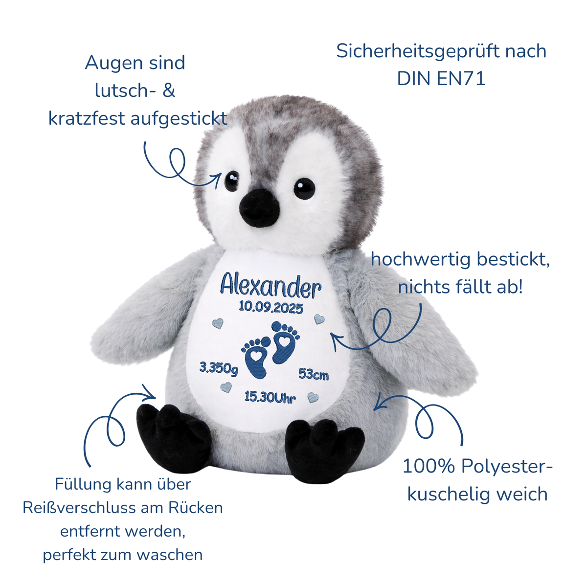 Personalisierter Pinguin zur Geburt – Kuscheltier mit Namen & Geburtsdatum