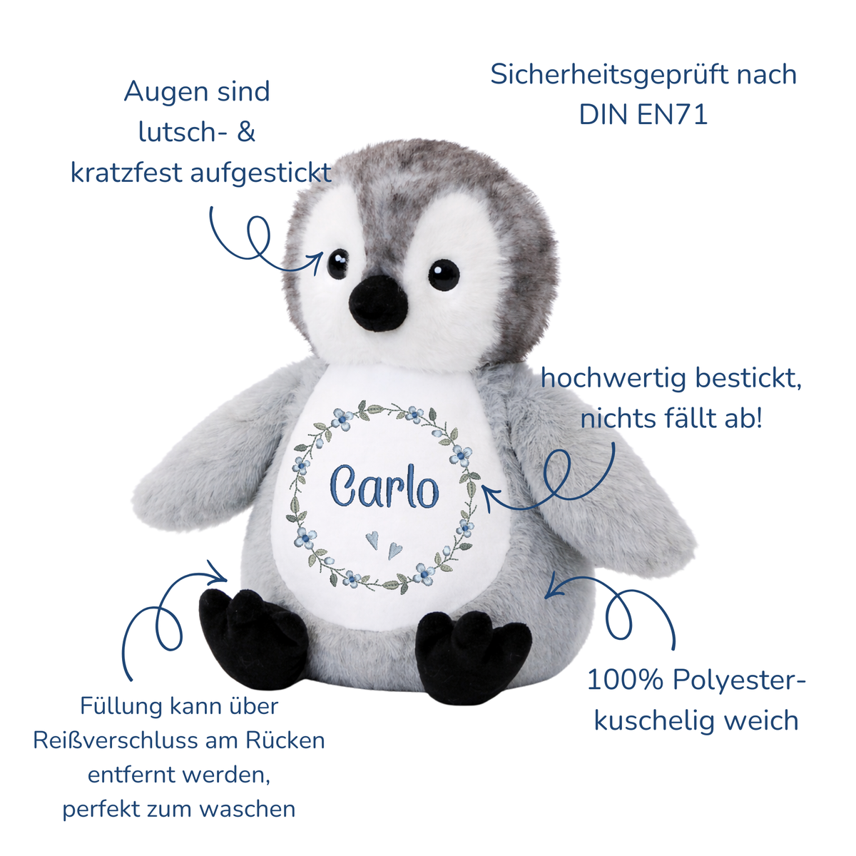 Pinguin mit Namen bestickt – Kuscheltier mit Name