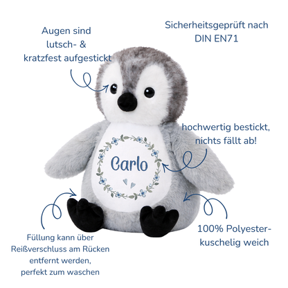 Pinguin mit Namen bestickt – Kuscheltier mit Name
