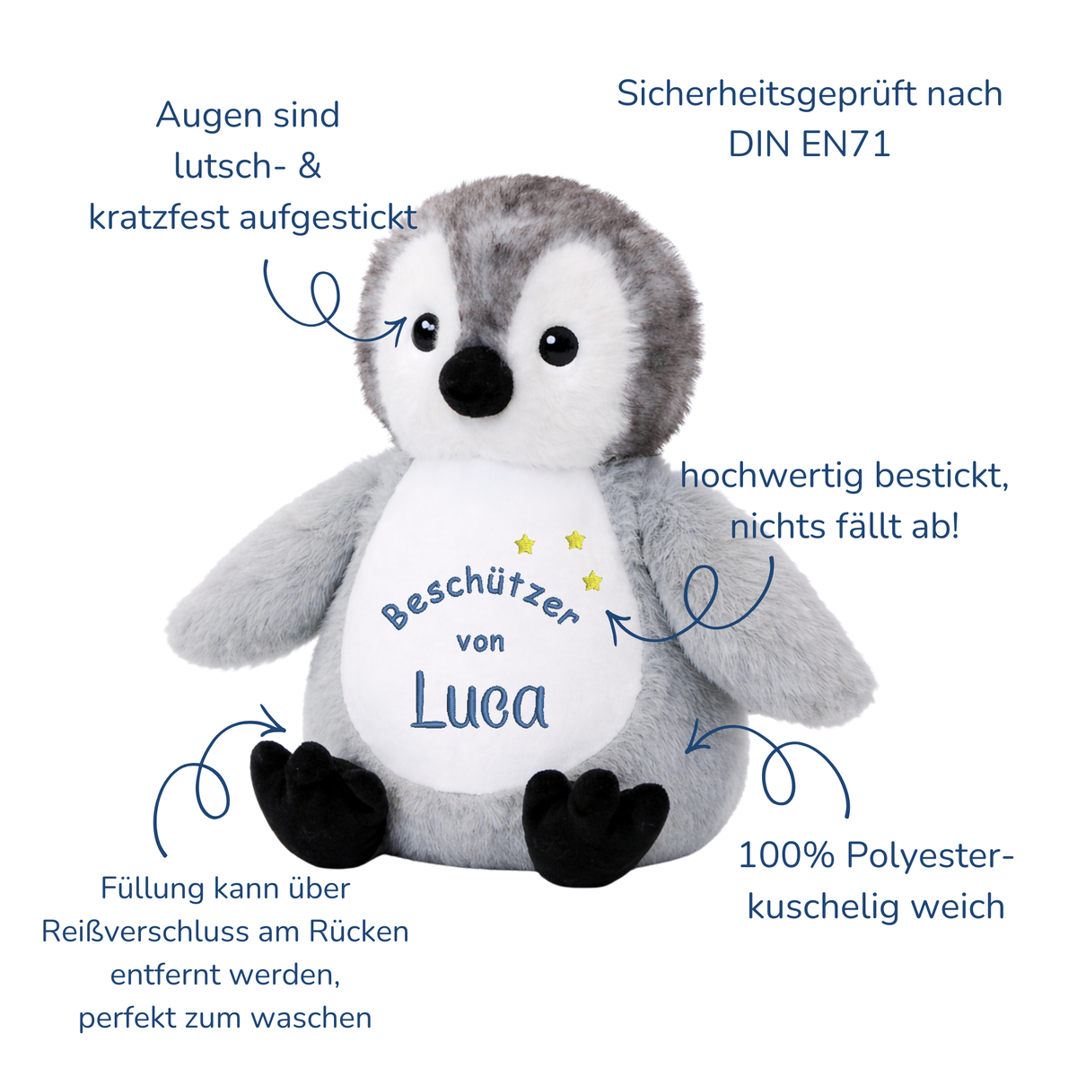 Beschützer Kuscheltier Pinguin – Liebevoll bestickt und personalisiert
