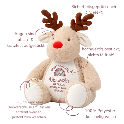 Personalisiertes Rentier zur Geburt – Kuscheltier mit Namen & Geburtsdatum