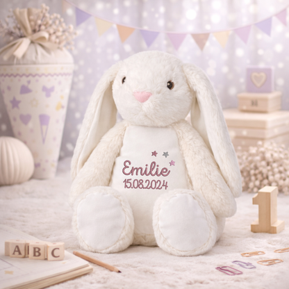 weißer Hase mit Namen bestickt – Kuscheltier mit Name