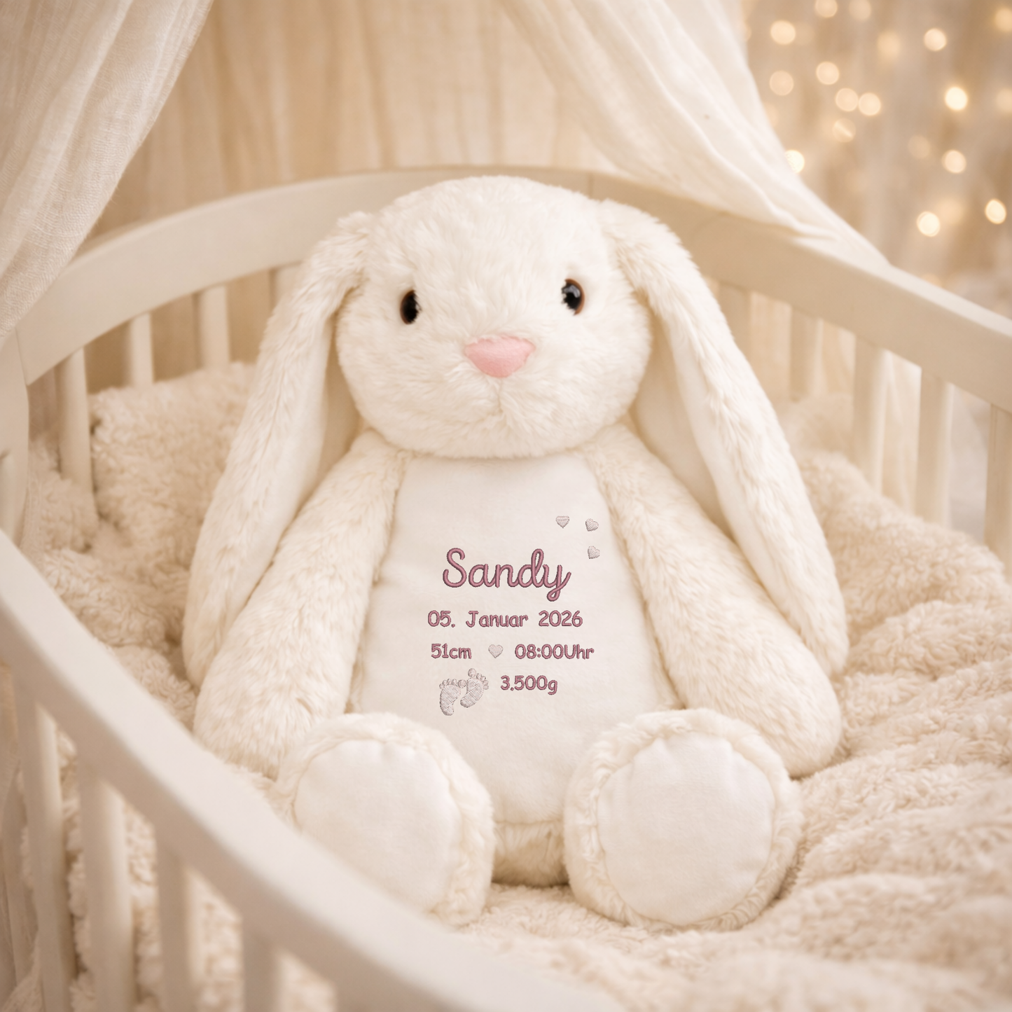 Personalisierter weißer Hase zur Geburt – Kuscheltier mit Namen & Geburtsdatum