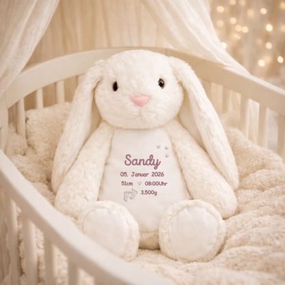 Personalisierter weißer Hase zur Geburt – Kuscheltier mit Namen & Geburtsdatum