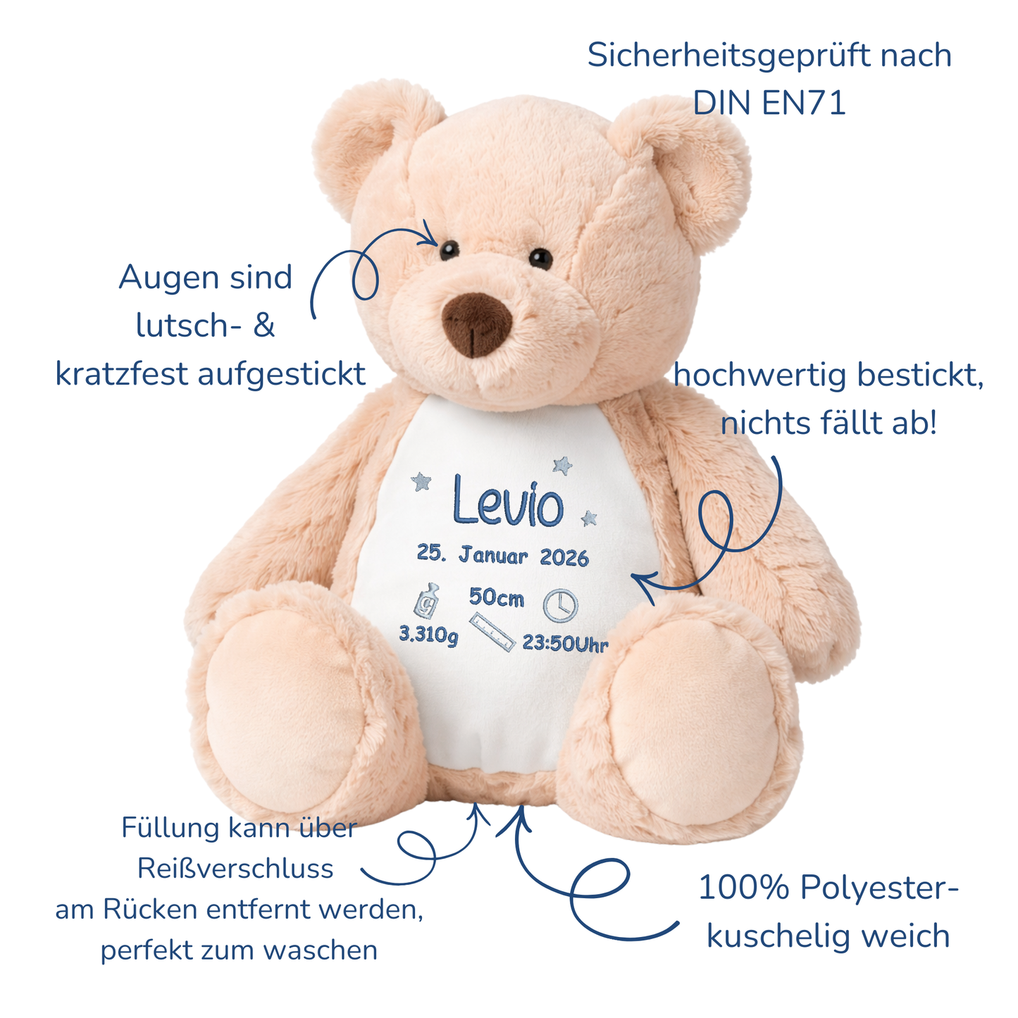 Personalisierter Bär zur Geburt – Kuscheltier mit Namen & Geburtsdatum