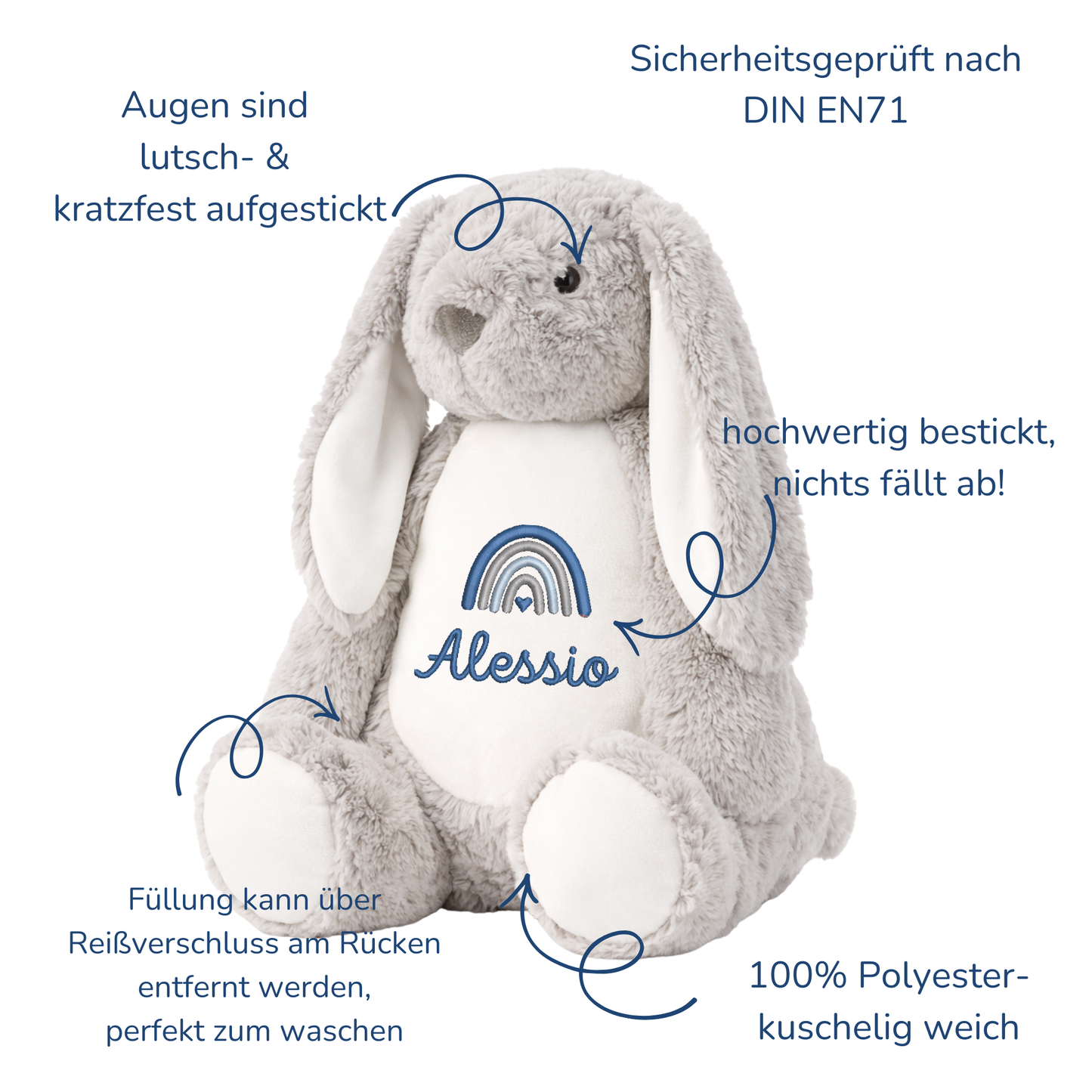 grauer Hase mit Namen bestickt – Kuscheltier mit Name