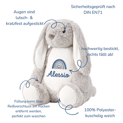 grauer Hase mit Namen bestickt – Kuscheltier mit Name