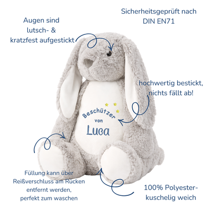Beschützer Kuscheltier grauer Hase – Liebevoll bestickt und personalisiert