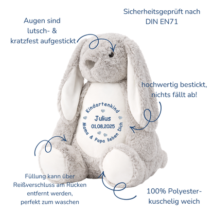 Personalisiertes Kuscheltier grauer Hase zum Kindergartenstart – mit Name bestickt