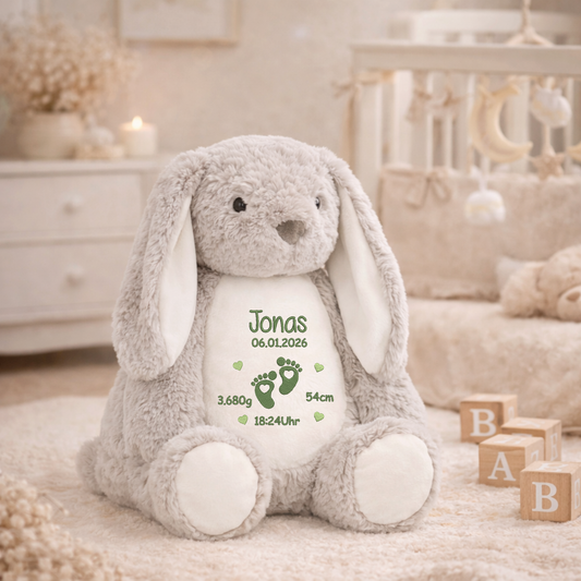 Personalisierter grauer Hase zur Geburt – Kuscheltier mit Namen & Geburtsdatum