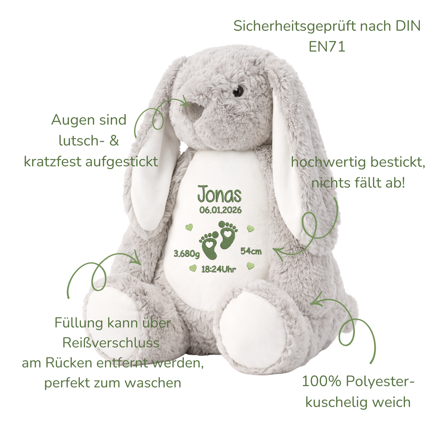 Personalisierter grauer Hase zur Geburt – Kuscheltier mit Namen & Geburtsdatum