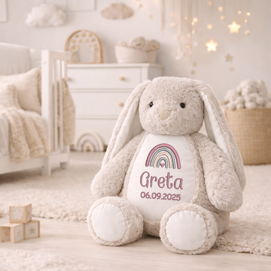 beiger Hase mit Namen bestickt – Kuscheltier mit Name