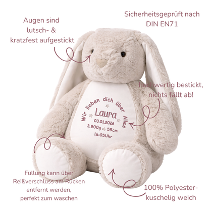 Personalisierter beiger Hase zur Geburt – Kuscheltier mit Namen & Geburtsdatum
