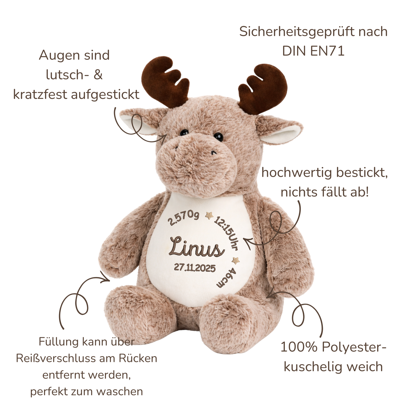 Personalisierter Elch zur Geburt – Kuscheltier mit Namen & Geburtsdatum