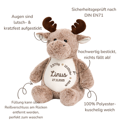 Personalisierter Elch zur Geburt – Kuscheltier mit Namen & Geburtsdatum