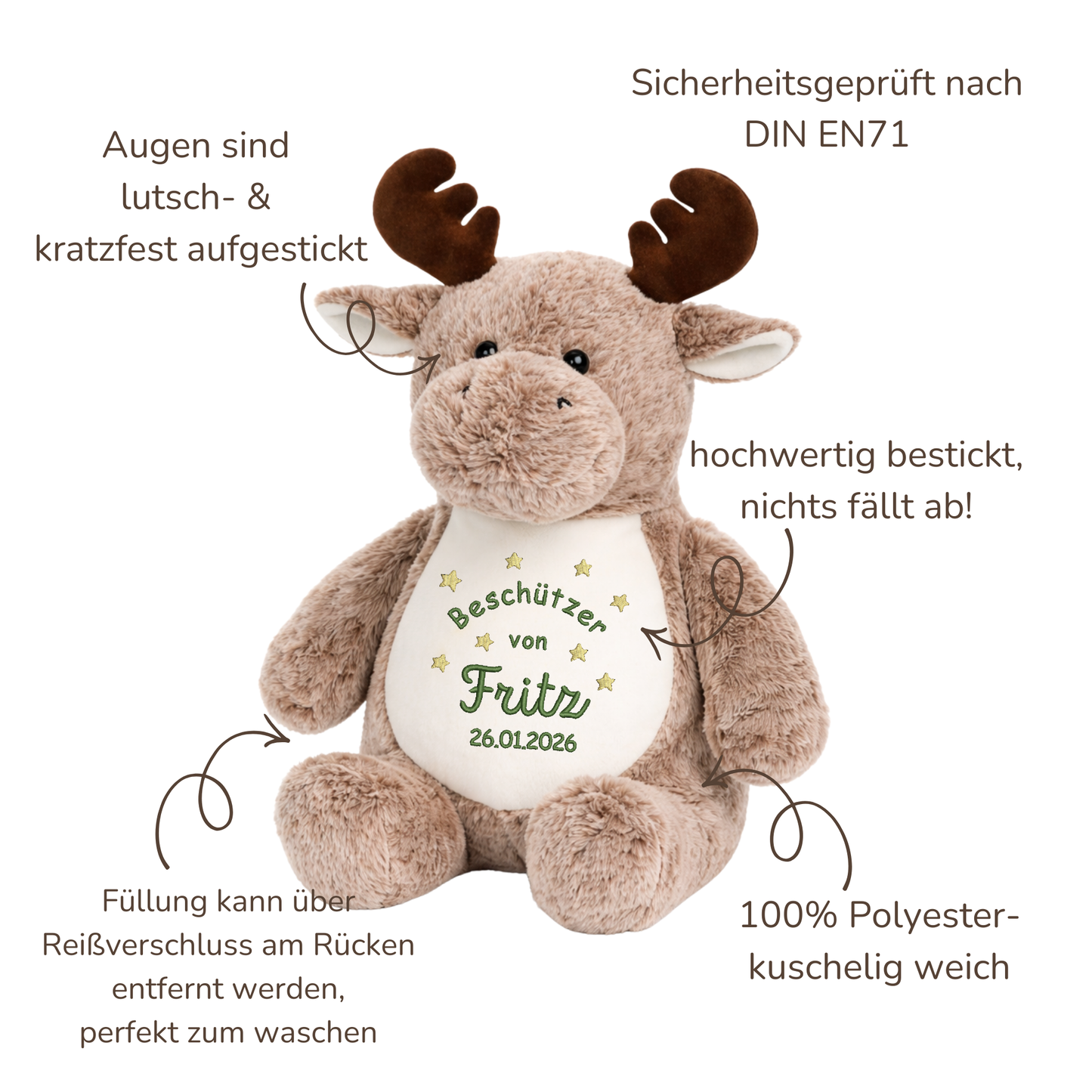 Beschützer Kuscheltier Elch – Liebevoll bestickt und personalisiert