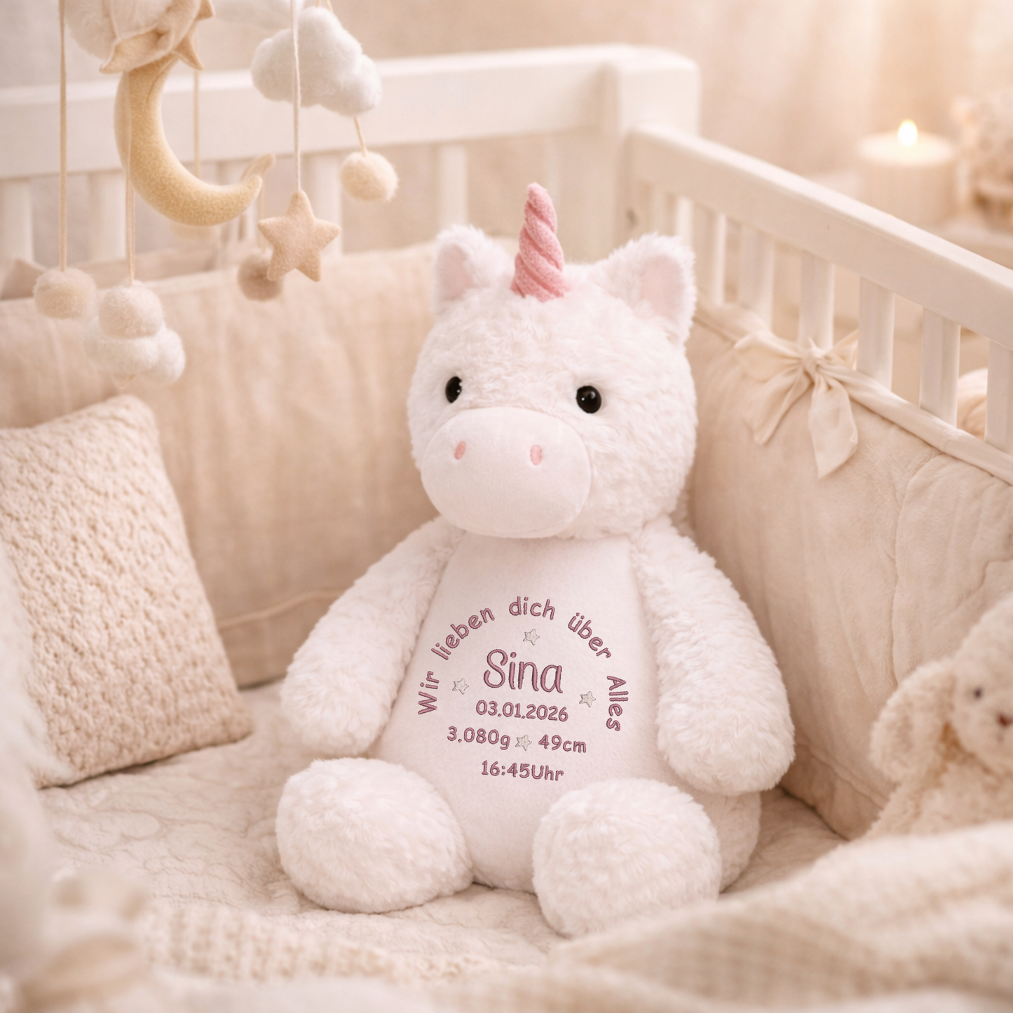 Personalisiertes Einhorn zur Geburt – Kuscheltier mit Namen & Geburtsdatum