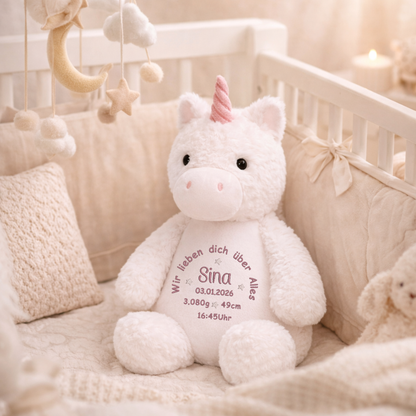 Personalisiertes Einhorn zur Geburt – Kuscheltier mit Namen & Geburtsdatum