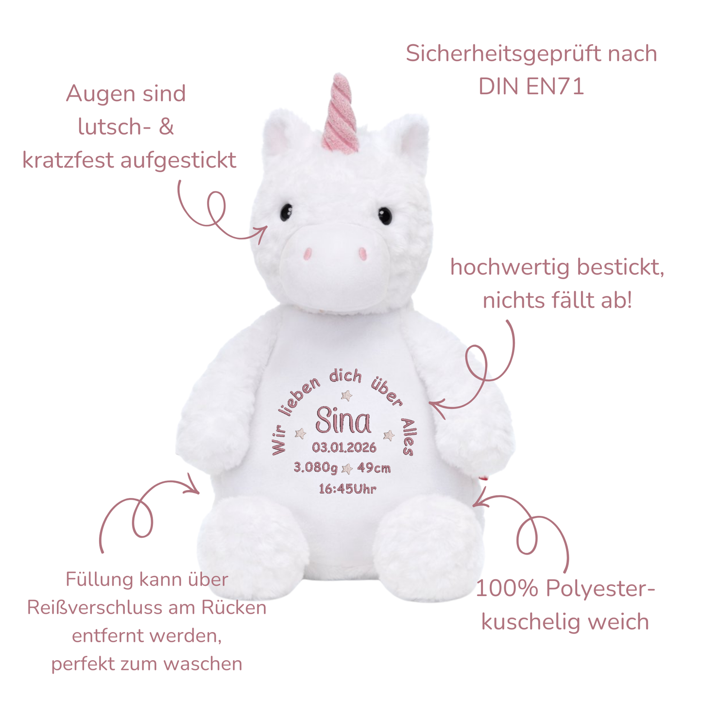 Personalisiertes Einhorn zur Geburt – Kuscheltier mit Namen & Geburtsdatum