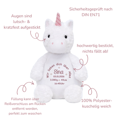 Personalisiertes Einhorn zur Geburt – Kuscheltier mit Namen & Geburtsdatum