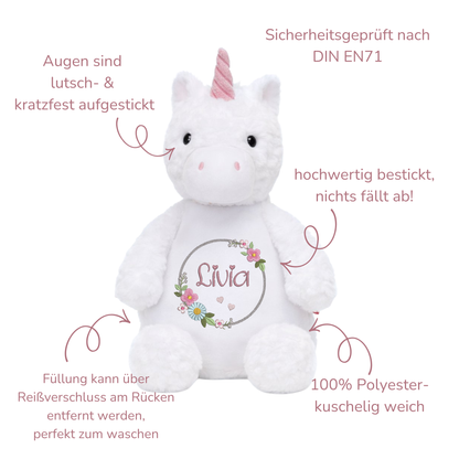 Einhorn mit Namen bestickt – Kuscheltier mit Name